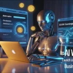 A futuristic AI robot working on a laptop surrounded by glowing holographic screens displaying automation, business analytics, and $100K earnings data, symbolizing AI-powered online business growth in 2025.