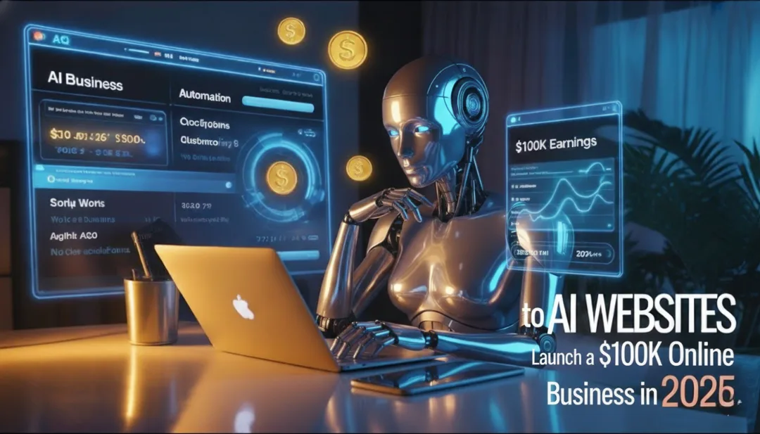 A futuristic AI robot working on a laptop surrounded by glowing holographic screens displaying automation, business analytics, and $100K earnings data, symbolizing AI-powered online business growth in 2025.