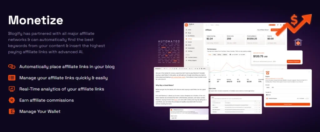 Blogify.ai homepage showcasing features to automate blog creation, publication, and affiliate monetization using AI tools.