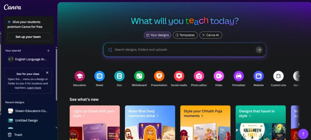 Canva homepage dashboard for educators showing design categories like Education, Presentation, Social Media, and Video templates.