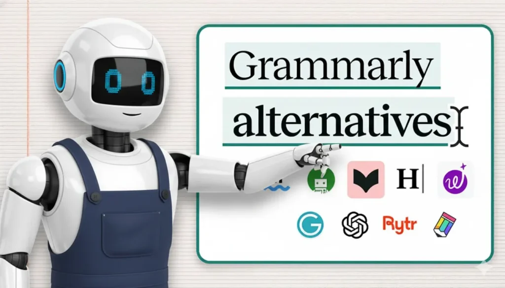 A friendly AI robot in blue overalls points to a board displaying the text “Grammarly alternatives” with icons of various writing tools below it.