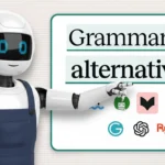 A friendly AI robot in blue overalls points to a board displaying the text “Grammarly alternatives” with icons of various writing tools below it.