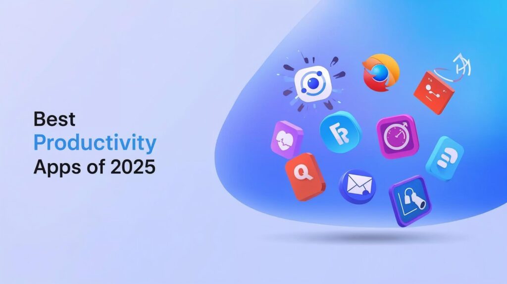 best productivity apps 2025 with AI tools, email assistant, browser, note-taking, timer, and mobile apps in a modern digital workspace.
