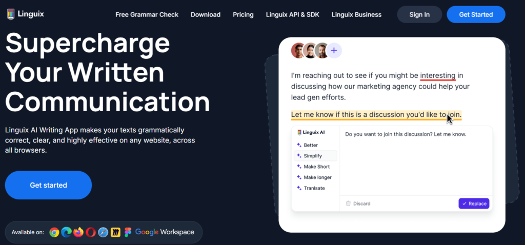 linguix ai grammar checker and ai writing assistant Supercharge
Your Written
Communication with linguix