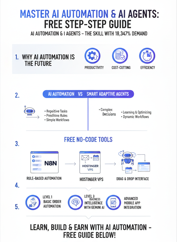 Step-by-step infographic guide on mastering AI automation and AI agents with no-code tools like N8N and Hostinger VPS, showing demand growth, skill levels, and workflow visuals.