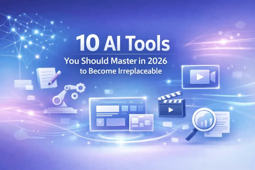 Futuristic AI-themed banner showing neural networks, automation icons, design and video creation tools, and research symbols with the title ā10 AI Tools You Should Master in 2026 to Become Irreplaceableā on a blue and purple gradient background.