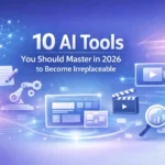 Futuristic AI-themed banner showing neural networks, automation icons, design and video creation tools, and research symbols with the title ‘10 AI Tools You Should Master in 2026 to Become Irreplaceable’ on a blue and purple gradient background.
