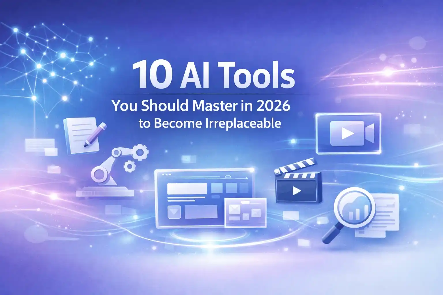 Futuristic AI-themed banner showing neural networks, automation icons, design and video creation tools, and research symbols with the title ā10 AI Tools You Should Master in 2026 to Become Irreplaceableā on a blue and purple gradient background.
