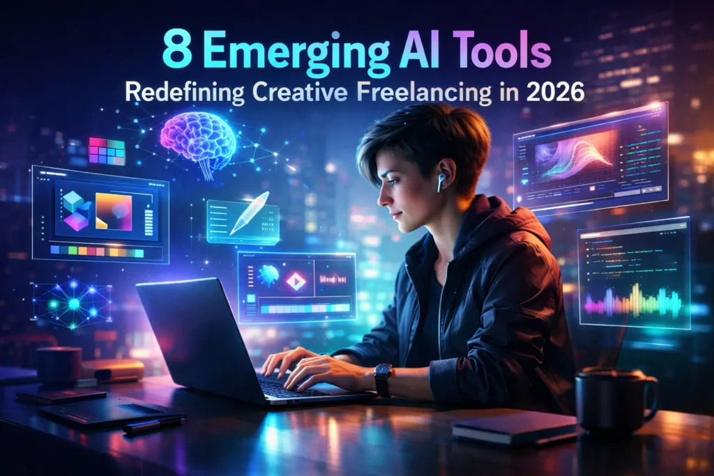 A futuristic freelancer working on a laptop surrounded by holographic AI tools for design, writing, video, coding, and music, representing how AI tools are redefining creative freelancing in 2026.