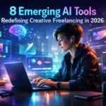 A futuristic freelancer working on a laptop surrounded by holographic AI tools for design, writing, video, coding, and music, representing how AI tools are redefining creative freelancing in 2026.