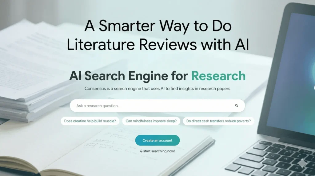 Blog post image featuring the "Consensus: AI Search Engine for Research" homepage and the title "A Smarter Way to Do Literature Reviews with AI" on a research desk background with a laptop and notebooks.
