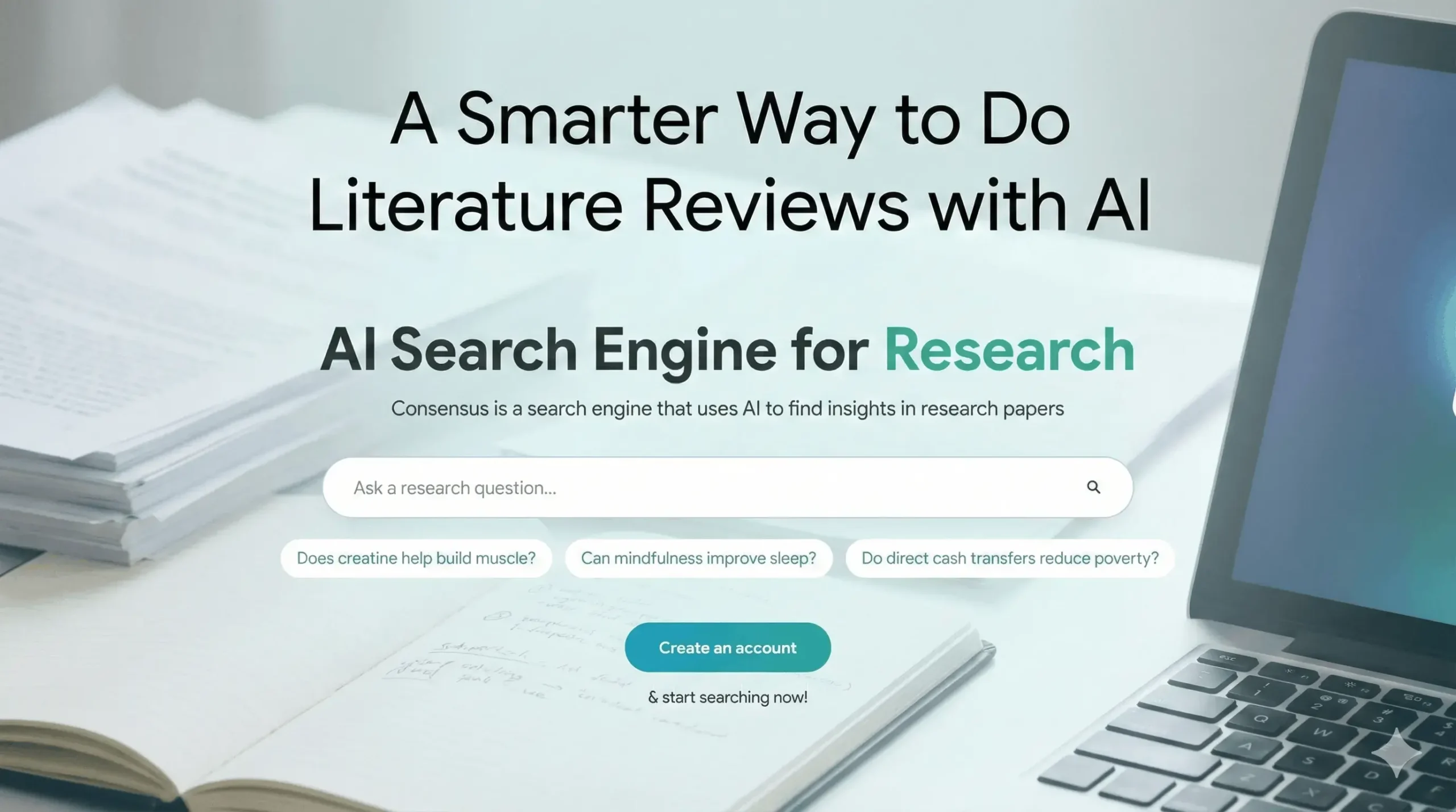 Blog post image featuring the "Consensus: AI Search Engine for Research" homepage and the title "A Smarter Way to Do Literature Reviews with AI" on a research desk background with a laptop and notebooks.