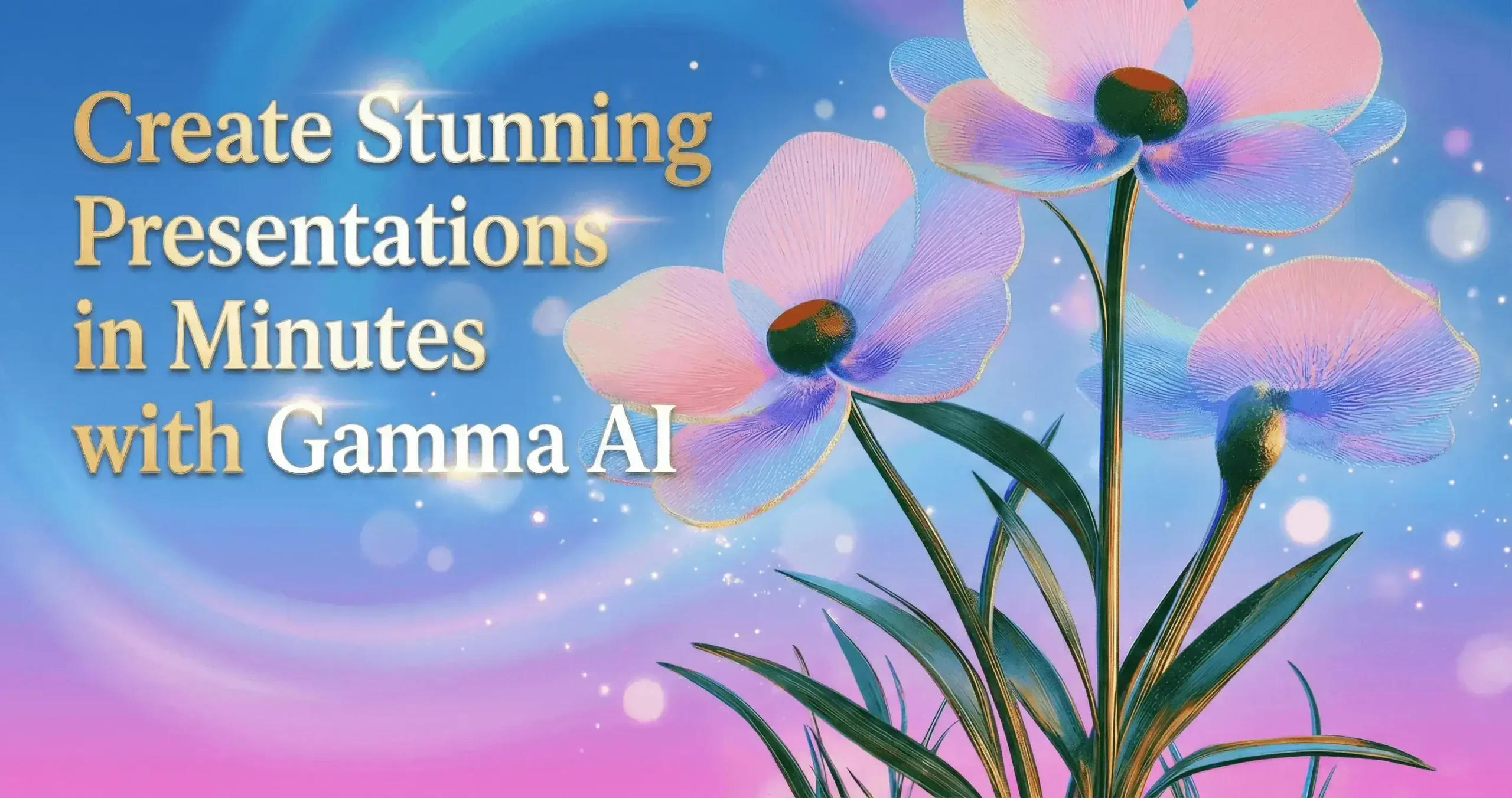 Create Stunning Presentations in Minutes with Gamma AI" text overlay on a vibrant 3D botanical illustration with a blue-pink gradient background, representing creative AI presentation tools
