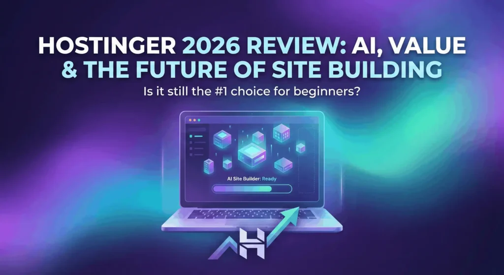 A featured image digital graphic for a blog post titled "HOSTINGER 2026 REVIEW: AI, VALUE & THE FUTURE OF SITE BUILDING." The image displays a laptop with a futuristic "AI Site Builder" interface showing glowing blocks and a progress bar, sitting above a Hostinger logo with an upward-trending arrow.