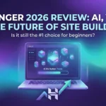 A featured image digital graphic for a blog post titled "HOSTINGER 2026 REVIEW: AI, VALUE & THE FUTURE OF SITE BUILDING." The image displays a laptop with a futuristic "AI Site Builder" interface showing glowing blocks and a progress bar, sitting above a Hostinger logo with an upward-trending arrow.