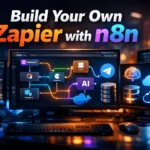 Cinematic developer workspace with glowing automation workflows and colorful nodes illustrating how to build your own Zapier using n8n