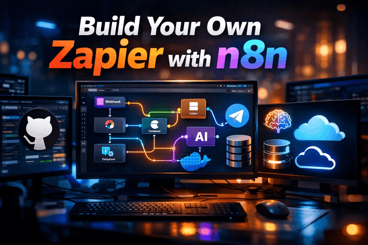 Cinematic developer workspace with glowing automation workflows and colorful nodes illustrating how to build your own Zapier using n8n