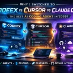 Featured image comparing Codex, Cursor, and Claude Code in a futuristic 2026 AI coding showdown, showing three glowing coding interfaces with neon blue, orange, and purple lighting in a modern developer workspace