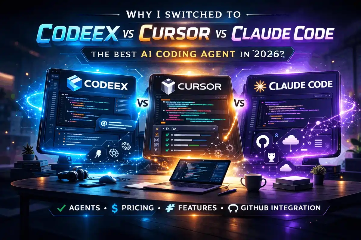 Featured image comparing Codex, Cursor, and Claude Code in a futuristic 2026 AI coding showdown, showing three glowing coding interfaces with neon blue, orange, and purple lighting in a modern developer workspace
