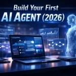 Futuristic workspace with laptop displaying AI tools and holographic dashboards, representing AI agents and AI tutorials for automation in 2026