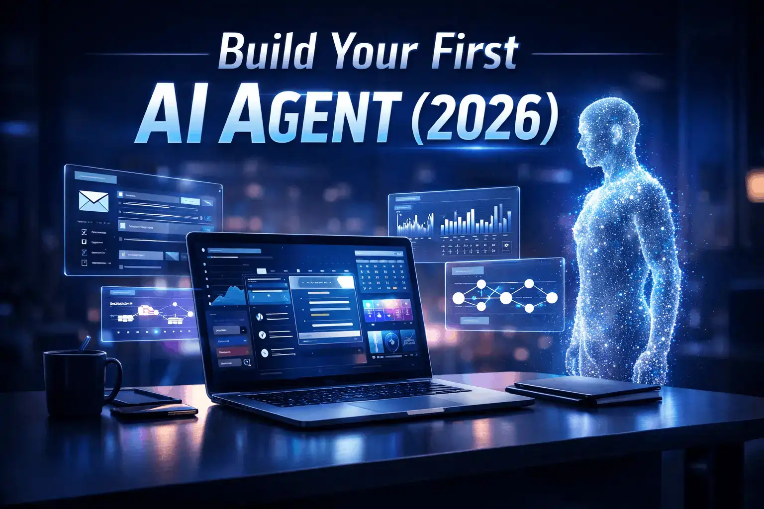 Futuristic workspace with laptop displaying AI tools and holographic dashboards, representing AI agents and AI tutorials for automation in 2026