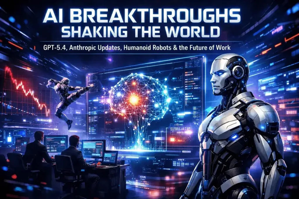 Futuristic humanoid robot with AI neural network interface, stock market charts and data screens representing GPT-5.4, Anthropic AI updates, humanoid robotics and global AI breakthroughs in 2026.