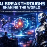 Futuristic humanoid robot with AI neural network interface, stock market charts and data screens representing GPT-5.4, Anthropic AI updates, humanoid robotics and global AI breakthroughs in 2026.