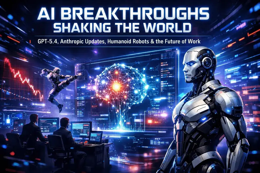 Futuristic humanoid robot with AI neural network interface, stock market charts and data screens representing GPT-5.4, Anthropic AI updates, humanoid robotics and global AI breakthroughs in 2026.