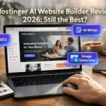 Hostinger AI Website Builder interface displayed on a MacBook in a modern workspace with AI tools like AI SEO, AI Writer and Image Generator shown during a website creation process