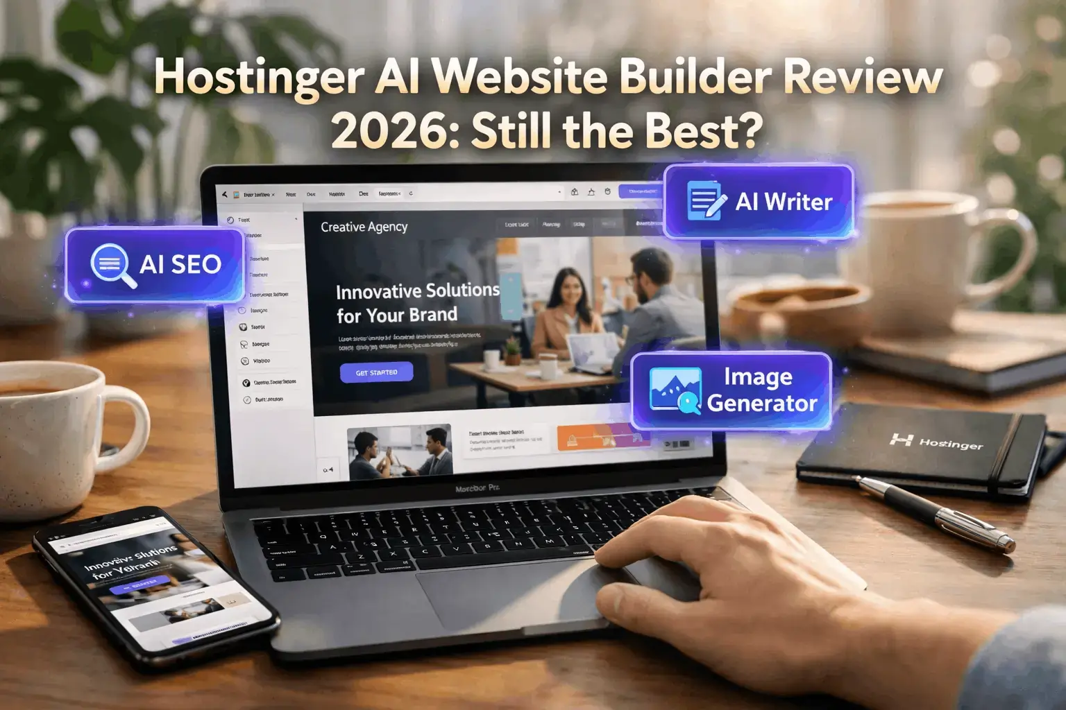 Hostinger AI Website Builder interface displayed on a MacBook in a modern workspace with AI tools like AI SEO, AI Writer and Image Generator shown during a website creation process