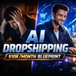 A split-screen featured image contrasting the struggles of manual e-commerce with the success of AI automation. The left side depicts a stressed female entrepreneur overwhelmed by packages in a dimly lit office with traditional dropshipping chaos. The right side shows a confident male entrepreneur in a modern, neon-lit office using advanced, glowing holographic charts and AI dashboards to scale an automated dropshipping business