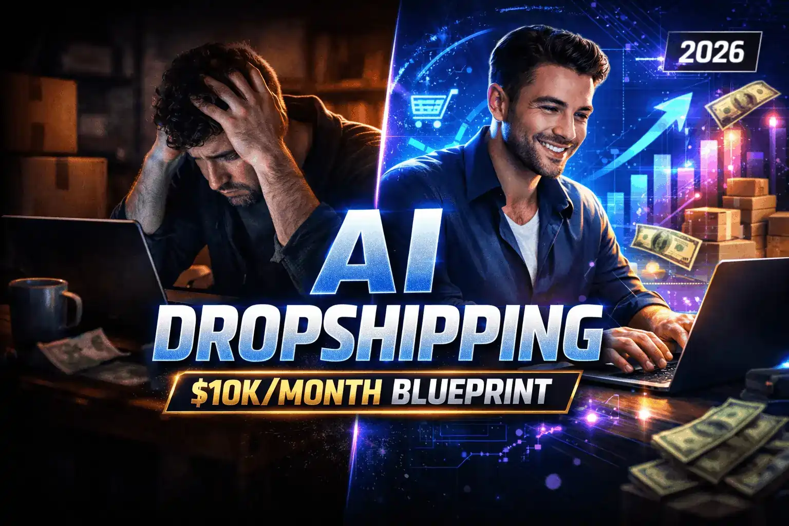 A split-screen featured image contrasting the struggles of manual e-commerce with the success of AI automation. The left side depicts a stressed female entrepreneur overwhelmed by packages in a dimly lit office with traditional dropshipping chaos. The right side shows a confident male entrepreneur in a modern, neon-lit office using advanced, glowing holographic charts and AI dashboards to scale an automated dropshipping business