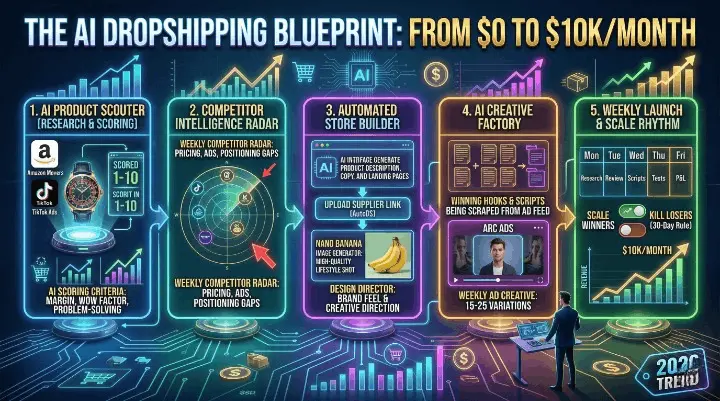 A minimalist infographic illustrating a 5-step AI dropshipping blueprint to reach $10K a month. The workflow includes AI product scouting, a competitor intelligence radar, an automated store builder, an AI creative factory for ads, and a weekly scaling rhythm using various AI tools.
