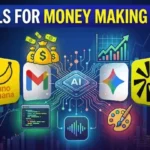 A detailed infographic titled "AI TOOLS FOR MONEY MAKING IN 2026," featuring a central AI processor chip surrounded by floating money bags, a rising stock chart, and various tool logos. The logos for Claude, Gmail, ChatGPT, ElevenLabs, Nano Banana, and Perplexity are displayed on cards. Below the chip are icons representing coding, sound design, and painting, illustrating opportunities for income generation and financial growth through AI.
