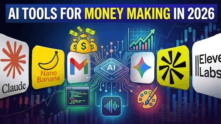 A detailed infographic titled "AI TOOLS FOR MONEY MAKING IN 2026," featuring a central AI processor chip surrounded by floating money bags, a rising stock chart, and various tool logos. The logos for Claude, Gmail, ChatGPT, ElevenLabs, Nano Banana, and Perplexity are displayed on cards. Below the chip are icons representing coding, sound design, and painting, illustrating opportunities for income generation and financial growth through AI.