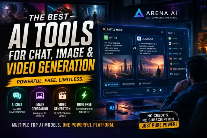 Cinematic futuristic banner showcasing the best AI tools for chat, image, and video generation with a glowing AI interface, comparison of models, and bold headline text.