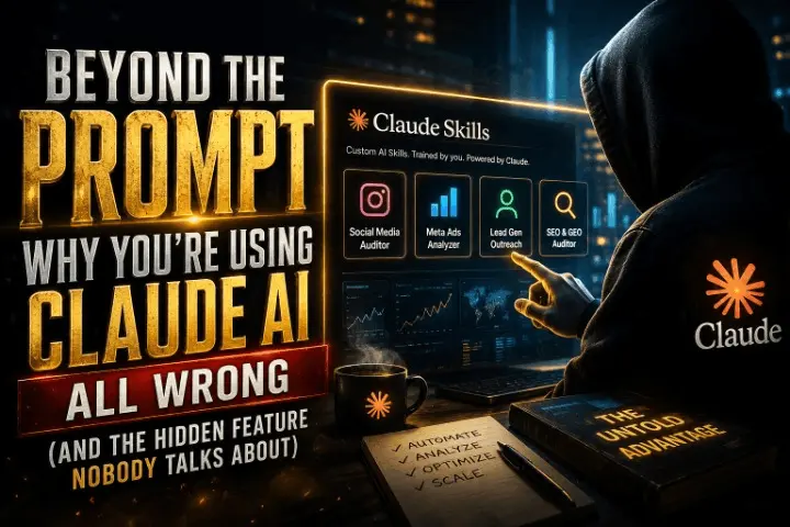 Cinematic featured image for Claude AI article showing custom Claude Skills for SEO, lead generation, social media auditing, and Meta ads automation.