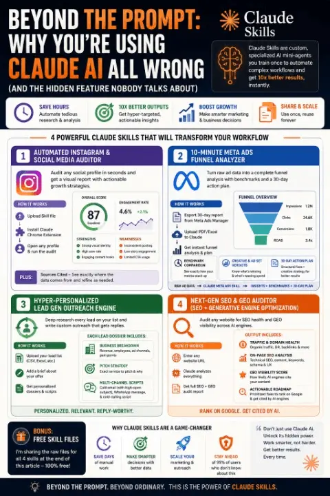 Infographic explaining Claude AI Skills for digital marketing automation, including social media auditing, Meta ads analysis, lead generation outreach, and SEO/GEO optimization