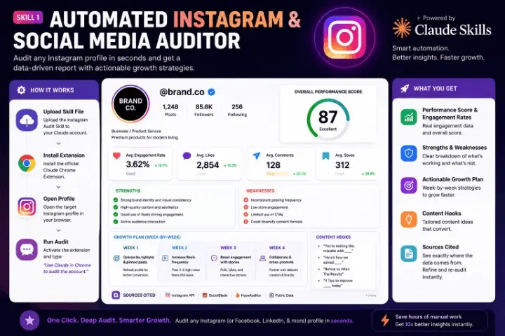 Instagram automation audit dashboard powered by Claude AI Skills showing social media performance analysis, engagement metrics, growth strategy, and automated profile insights