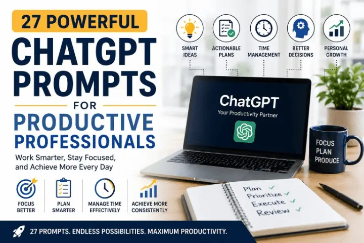 Featured image for 27 Powerful ChatGPT Prompts for Productive Professionals, showcasing productivity planning, time management, focus improvement, workflow optimization, and AI-powered work organization in a modern workspace.